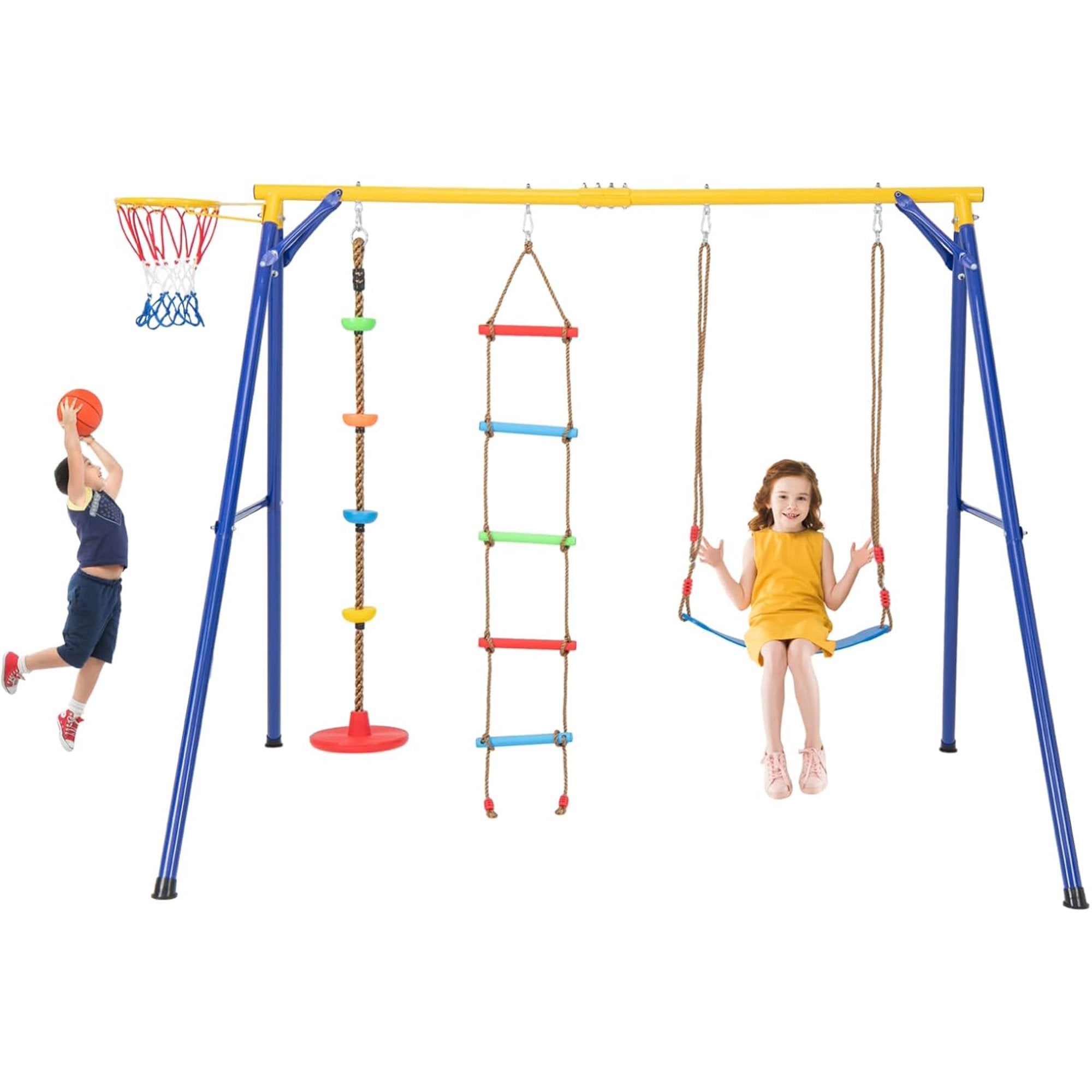 Swing Set, Metal Frame Swing Playset with Basketball Hoop, Disc Rope Swing, Climbing Ladder, Belt Swing, Children Swing Playground for Indoors Outdoors