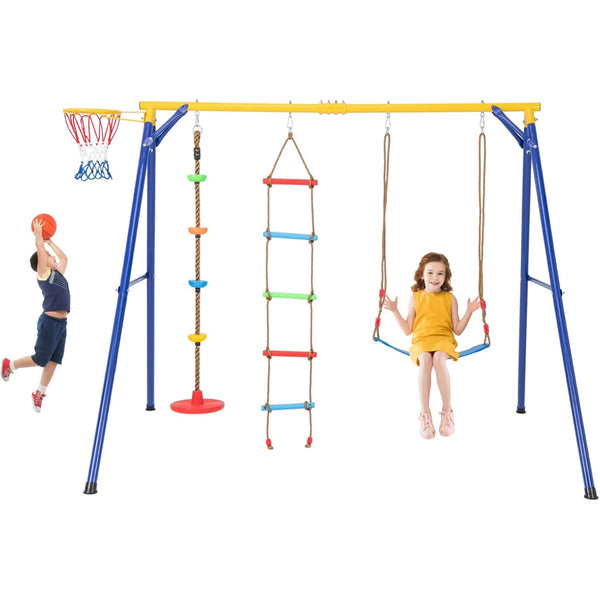 Swing Set, Metal Frame Swing Playset with Basketball Hoop, Disc Rope Swing, Climbing Ladder, Belt Swing, Children Swing Playground for Indoors Outdoors