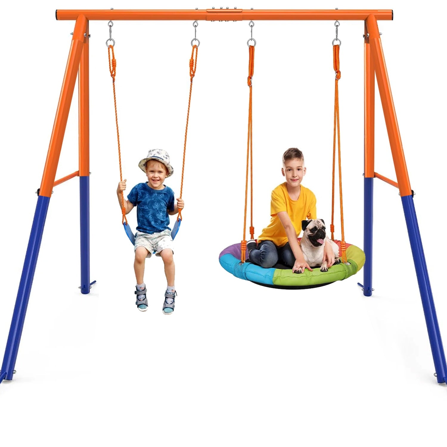 Swing Set for Kids, Heavy Duty Frame Metal Swing Stand with 1 Saucer & 1 Belt Swing Seat for Outdoor