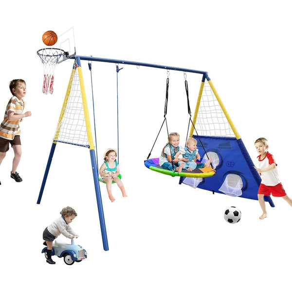 Swing Sets for Outside, A-Frame Swing Set with Basketball Hoop & Soccer Goal