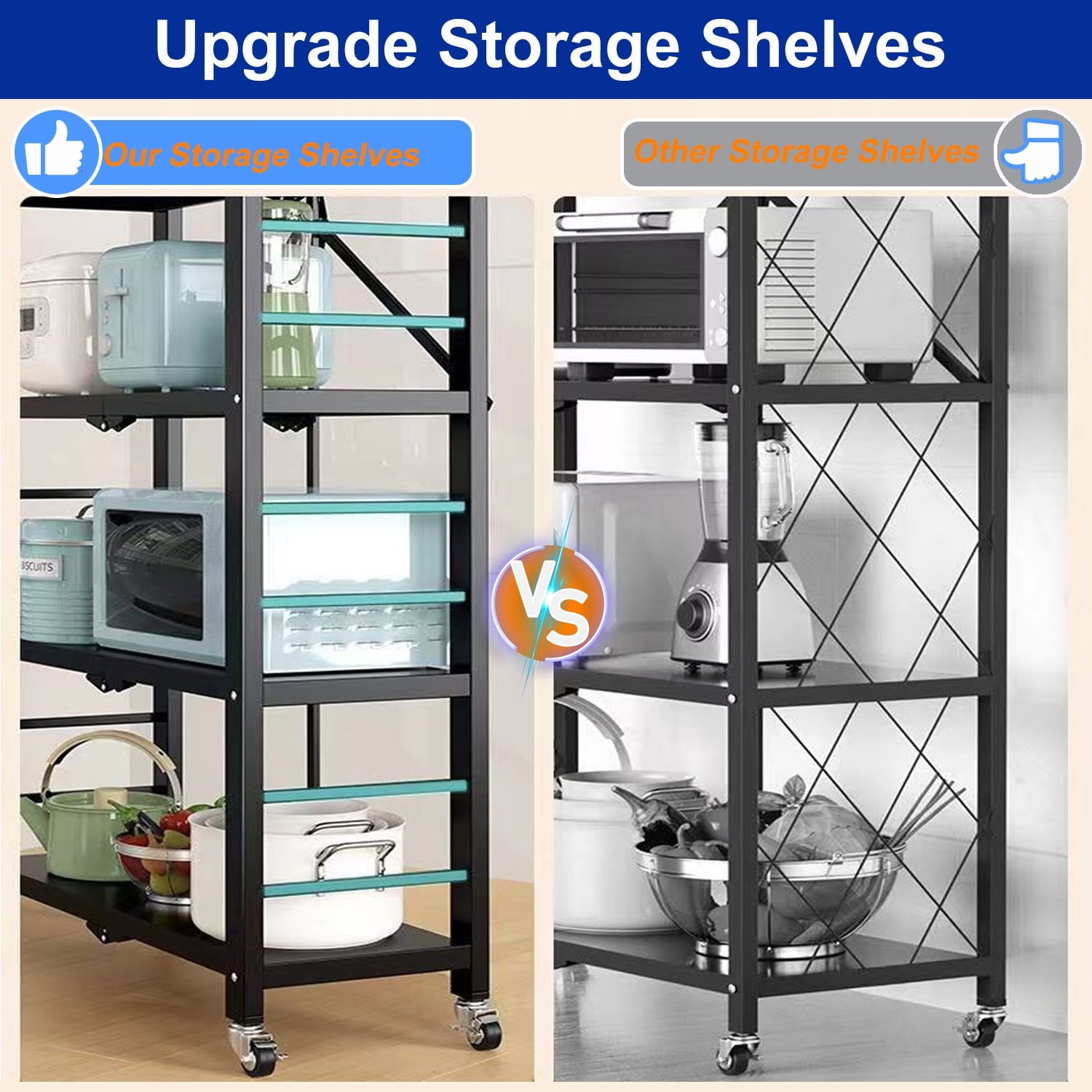 5-Tier Foldable Storage Shelf with Wheels, Heavy Duty Metal Shelf, Kitchen Shelving Units, Black