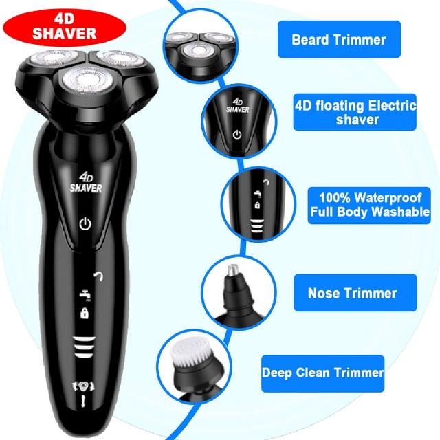 4D Men's Electric Shaver 9001, 4 in 1 Multi-function Shaver, Waterproof Wet & Dry, Shaver and Trimmer for Beard, Face, Nose and Sideburns, Portable Charging,with Pop-up beard trimmer for men, Black