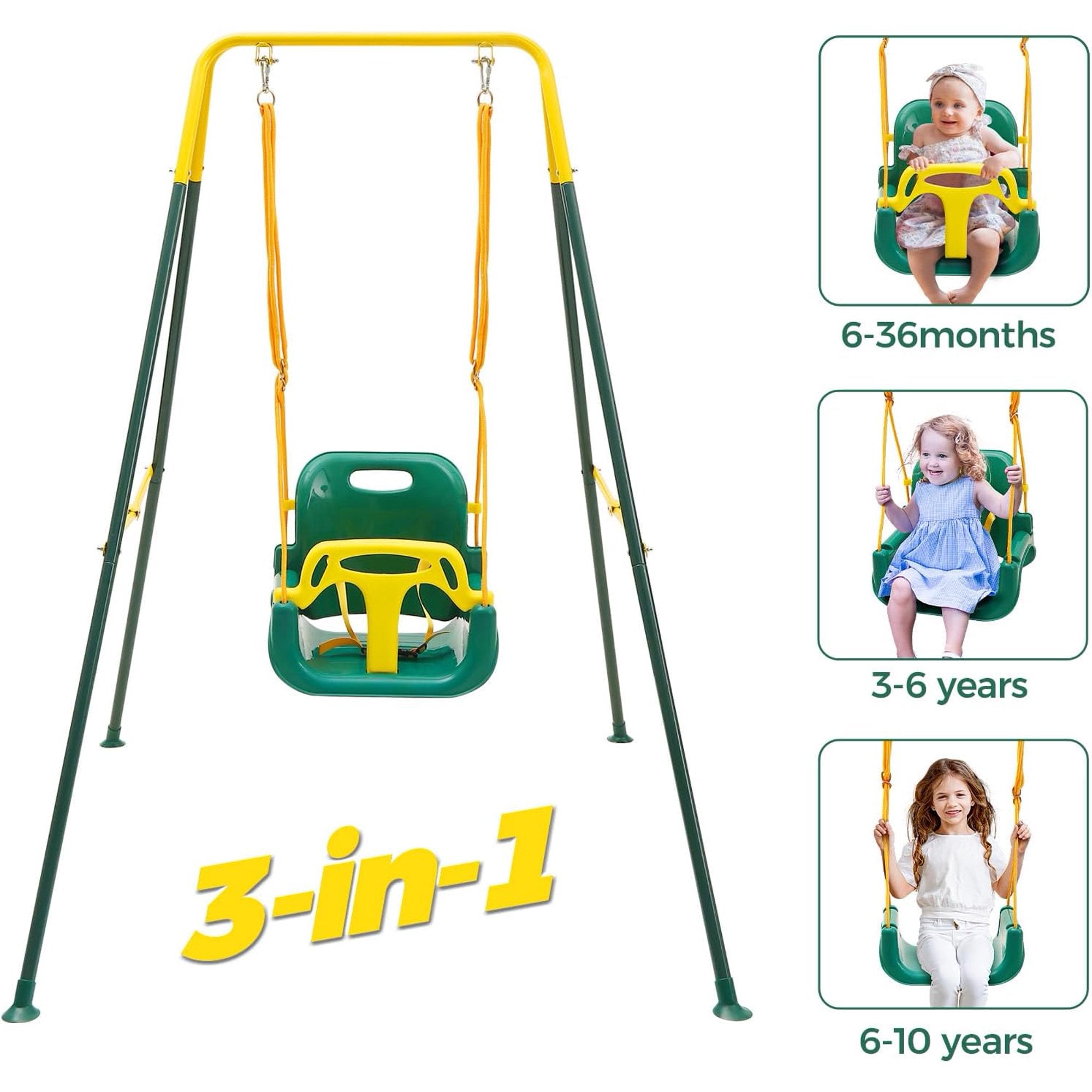 Super Flyer Swing Set with 1 Saucer & 1 Belt Swing Seat for Kids, Heavy Duty A-Frame Metal Swing Stand for Backyard and Playground