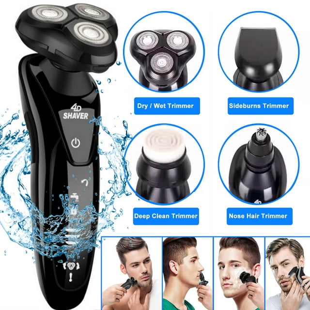 4D Men's Electric Shaver 9001, 4 in 1 Multi-function Shaver, Waterproof Wet & Dry, Shaver and Trimmer for Beard, Face, Nose and Sideburns, Portable Charging,with Pop-up beard trimmer for men, Black