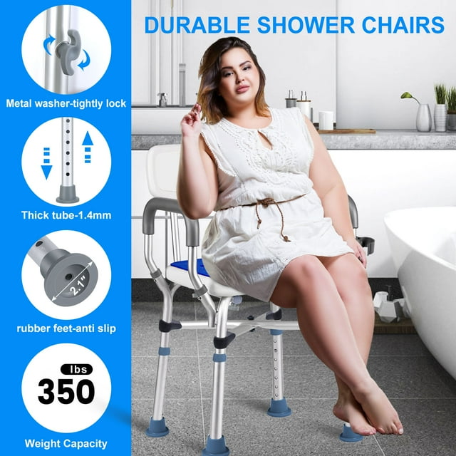 GAZILY Shower Chair Bath Seat with Back & Padded Armrests and Shower Grab Bar, Height Adjustable, Supports up to 500 lbs., White