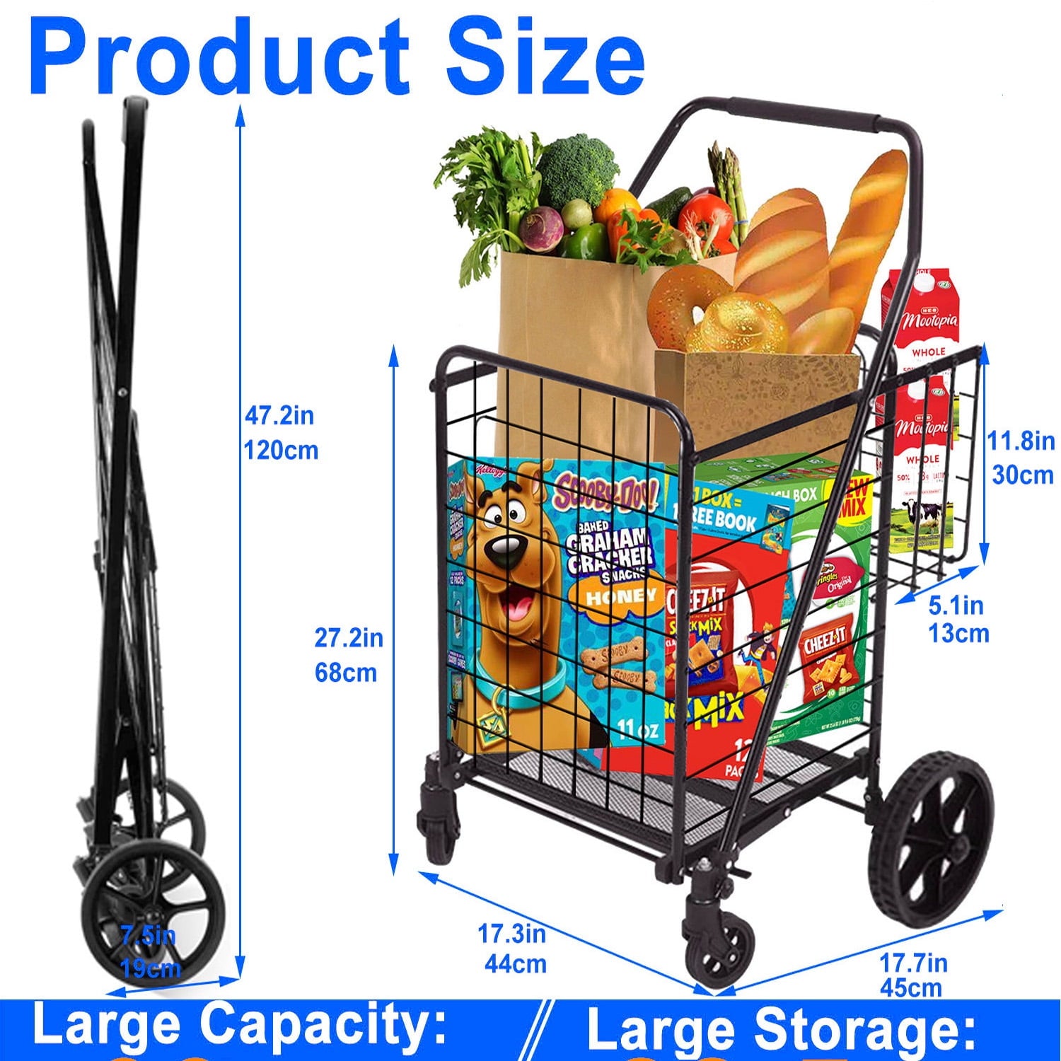 Folding Shopping Cart, Utility Trolley Jumbo Basket with Encrypted Mesh Bottom and Swivel Wheels, Black