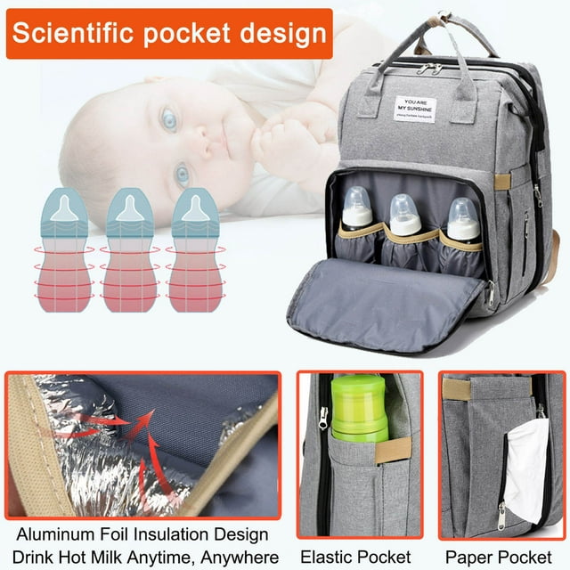 Diaper Bag Backpack,Baby Diaper Bags, A Baby Crib That Can Be Varried on Its Back, Multifunctional Travel Diaper Waterproof Backpack for Baby Boy & Girls, with Baby Carrier,Grey