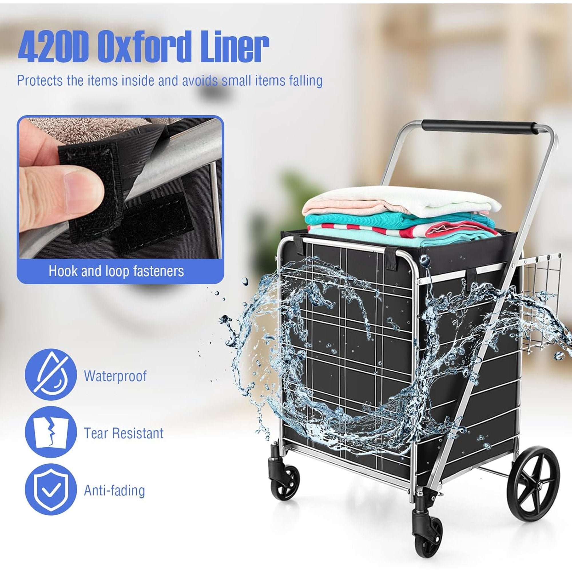 Folding Shopping Cart 110 lbs Rolling Grocery Laundry Cart Utility Trolley with Double Baskets Swivel Wheels Adjustable Handle Black