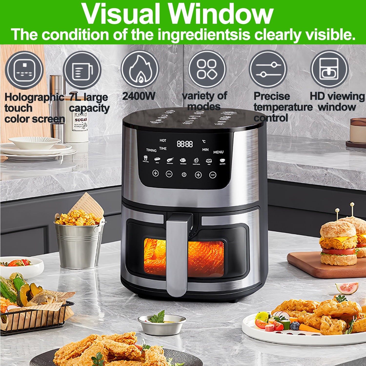 Air Fryer, 7.4 QT Multifunctional Air Fryer Oven, Rotisserie with Viewing Window and Touch Screen