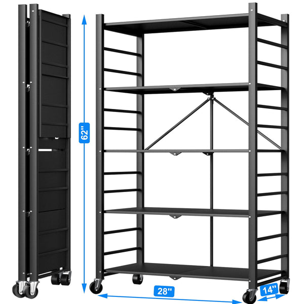 GAZILY 6 Tier Storage Shelves Foldable Metal Shelving Units Storage Racks with Lockable Wheels, Black