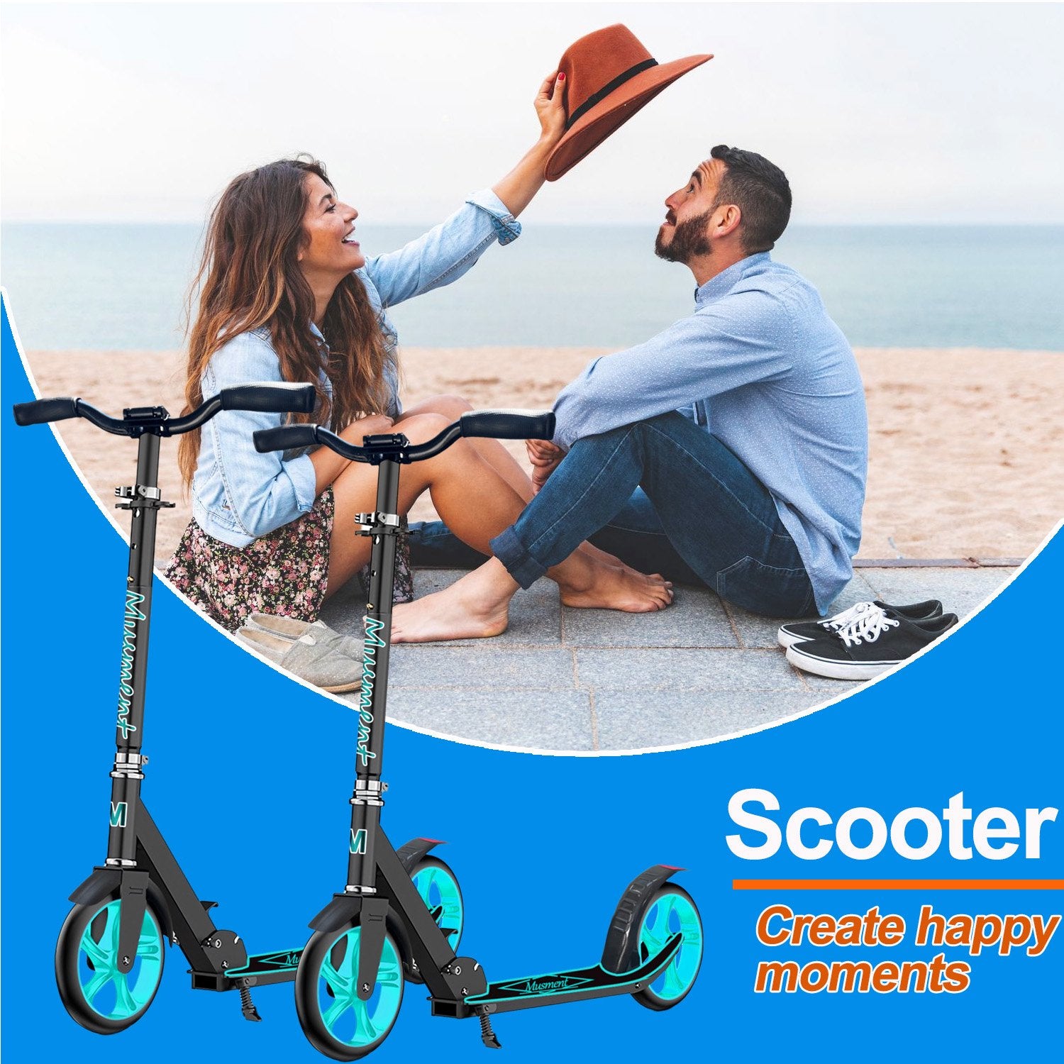 Foldable Scooter -200mm Big Wheels 4 Levels Height Adjustable for Kid, Teens & Adults - Unisex, Black