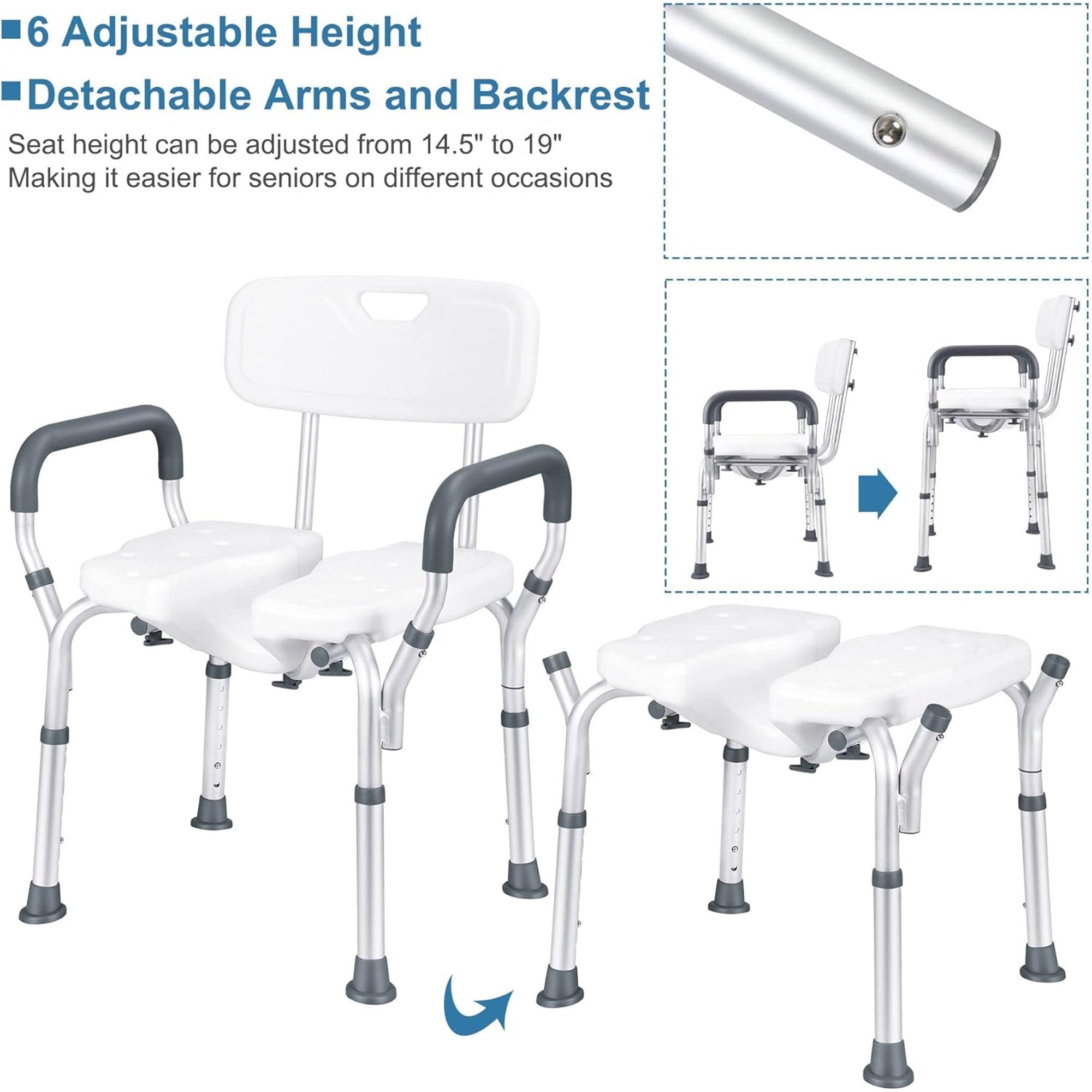 Shower Chair with Removable Backrest and Padded, 8 Adjustable Height, Support up to 300Lbs