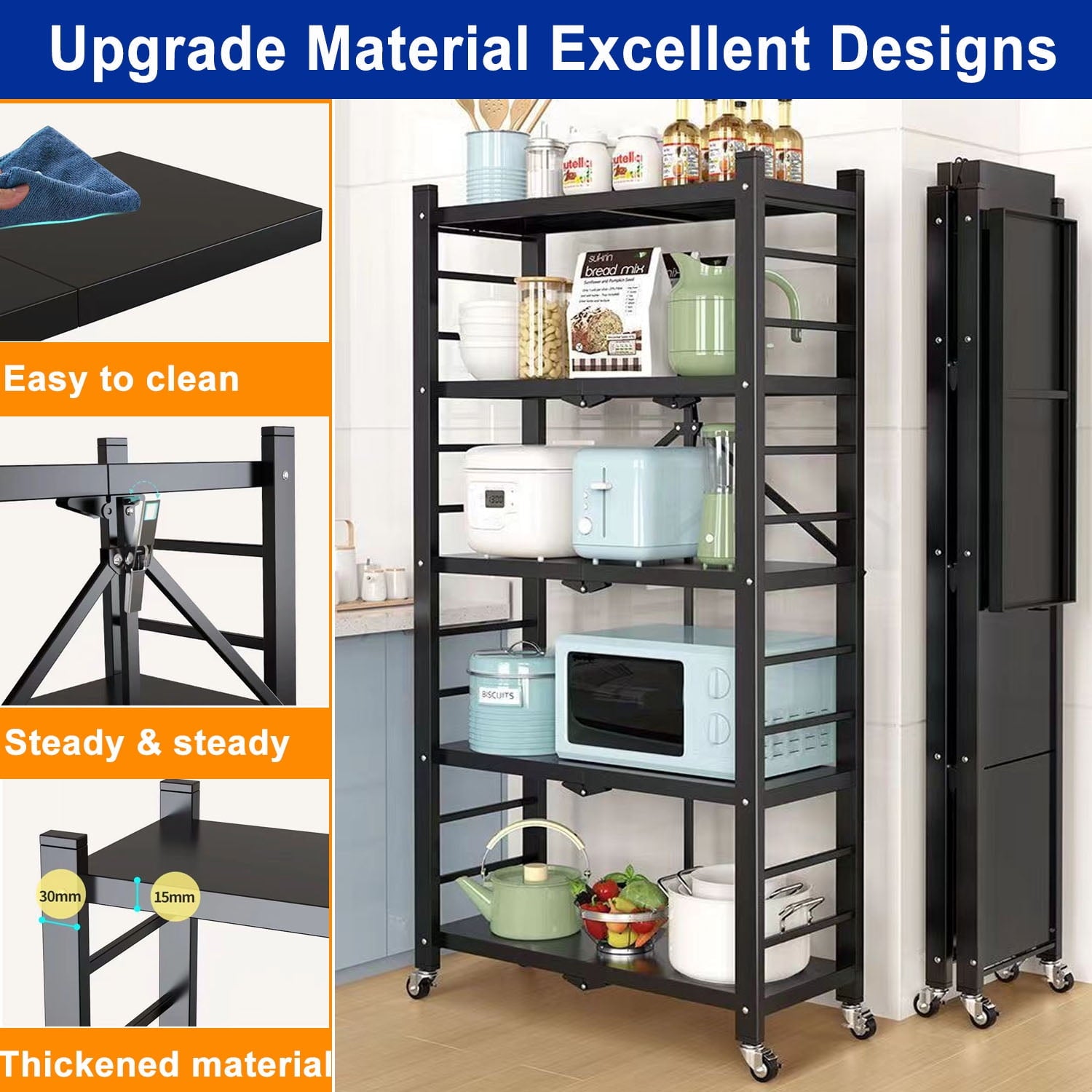 5-Tier Foldable Storage Shelf with Wheels, Heavy Duty Metal Shelf, Kitchen Shelving Units, Black