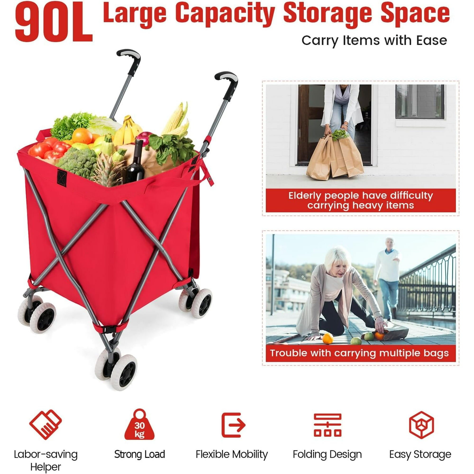 Folding Shopping Cart, Grocery Cart with Encrypted Mesh Bottom, 360° Rolling Laundry Cart & Lightweight Trolley for Grocery, Shopping, Supermarket, Camping, Outdoor, Beach, Laundry