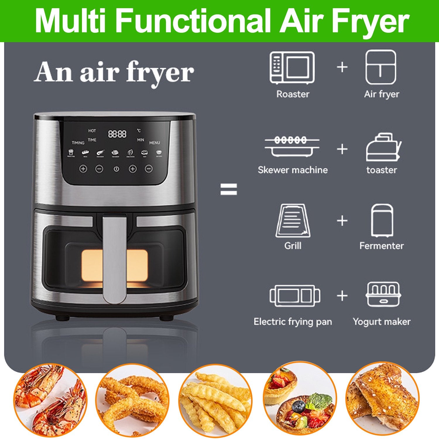 Air Fryer, 7.4 QT Multifunctional Air Fryer Oven, Rotisserie with Viewing Window and Touch Screen