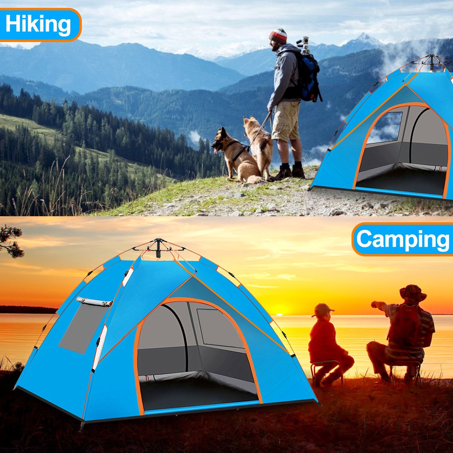 3/4-Person Pop Up Camping Tent with 2 Doors & 2 Windows for Camping/Traveling/Family Gathering/Hiking/Beach