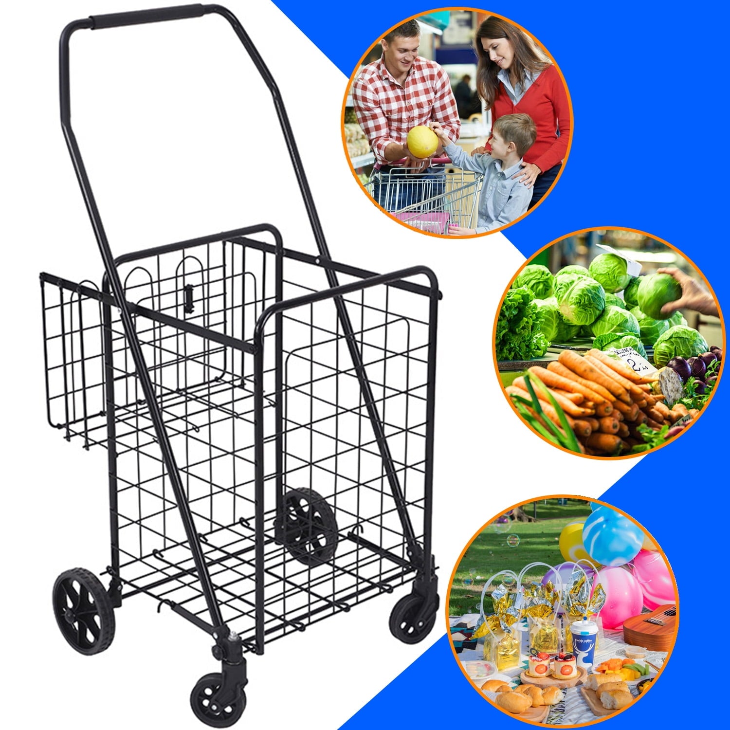 Folding Shopping Cart, Utility Trolley with Removable Basket and Swivel Wheels, Black