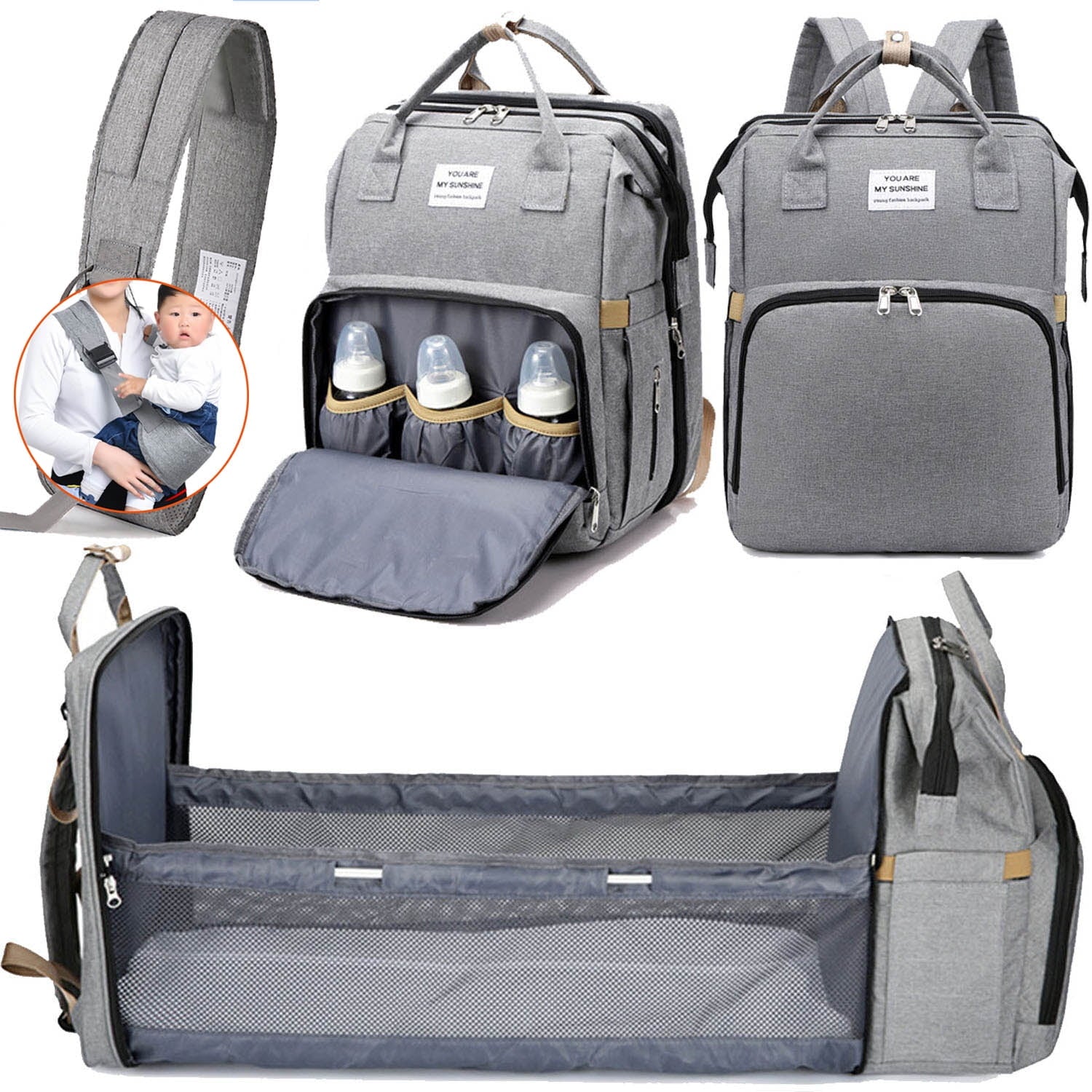 Diaper Bag Backpack,Baby Diaper Bags, A Baby Crib That Can Be Varried on Its Back, Multifunctional Travel Diaper Waterproof Backpack for Baby Boy & Girls, with Baby Carrier,Grey