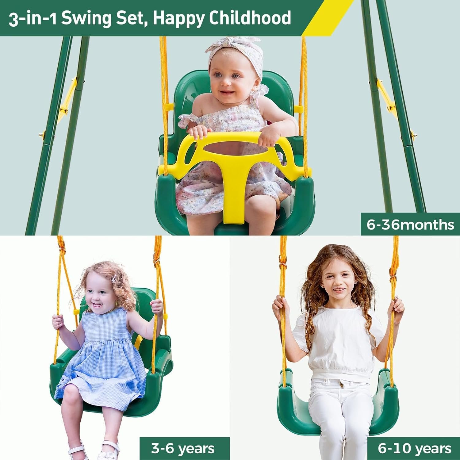 Super Flyer Swing Set with 1 Saucer & 1 Belt Swing Seat for Kids, Heavy Duty A-Frame Metal Swing Stand for Backyard and Playground