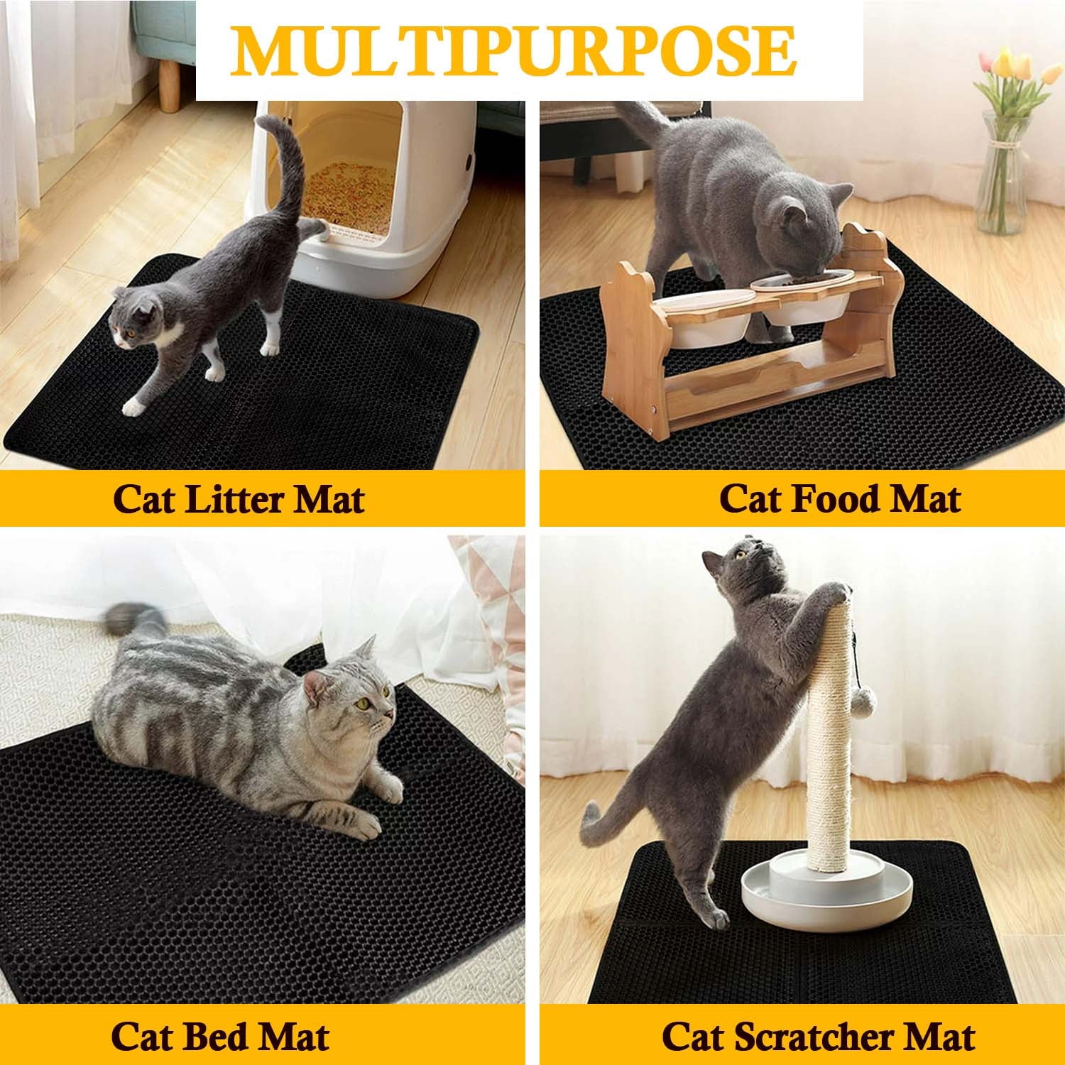 18x24 inch Cat Litter Mat Trapping for Litter Box,Honeycomb Double Layer Design-Urine & Waterproof,Washable Easy Clean,Black