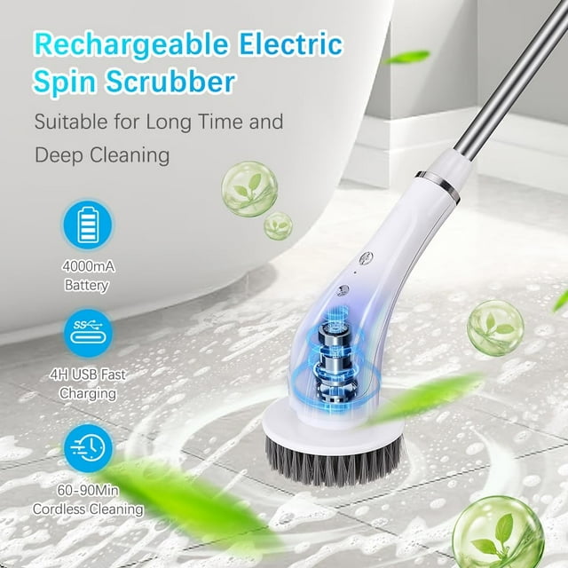 GAZILY Electric Spin Scrubber, Cordless Power Cleaning Brush with 7 Replaceable Brush Head, 90min Work Time, 2 Adjustable Handle, 3 Speeds Power Scrubbers