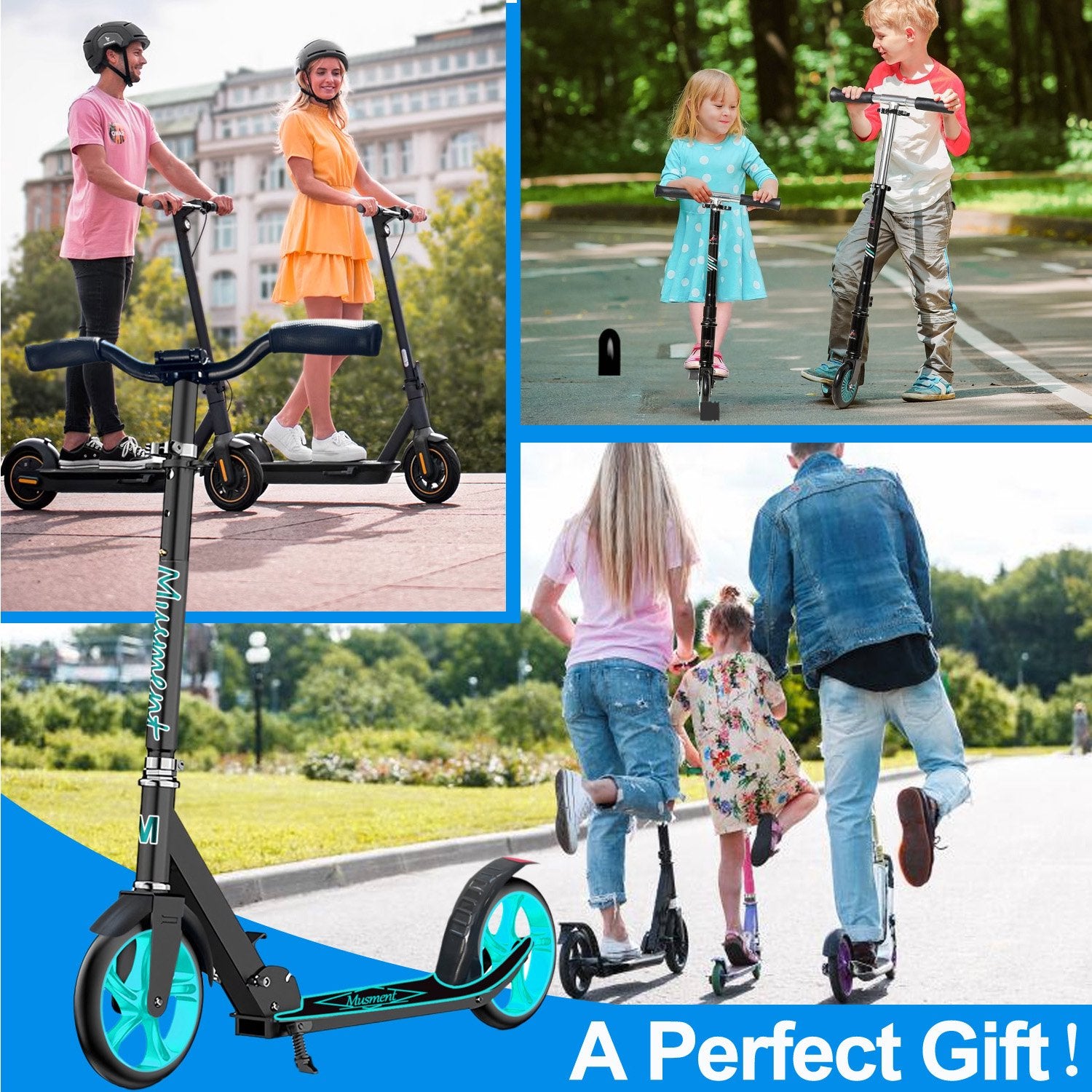 Foldable Scooter -200mm Big Wheels 4 Levels Height Adjustable for Kid, Teens & Adults - Unisex, Black