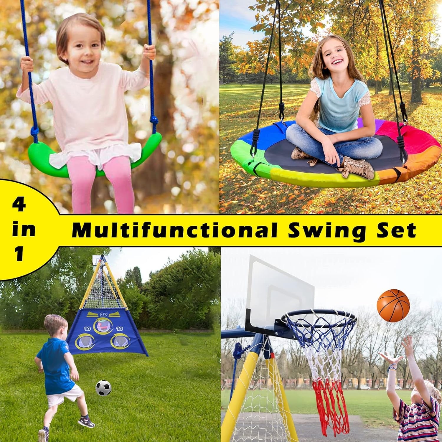 Swing Sets for Outside, A-Frame Swing Set with Basketball Hoop & Soccer Goal