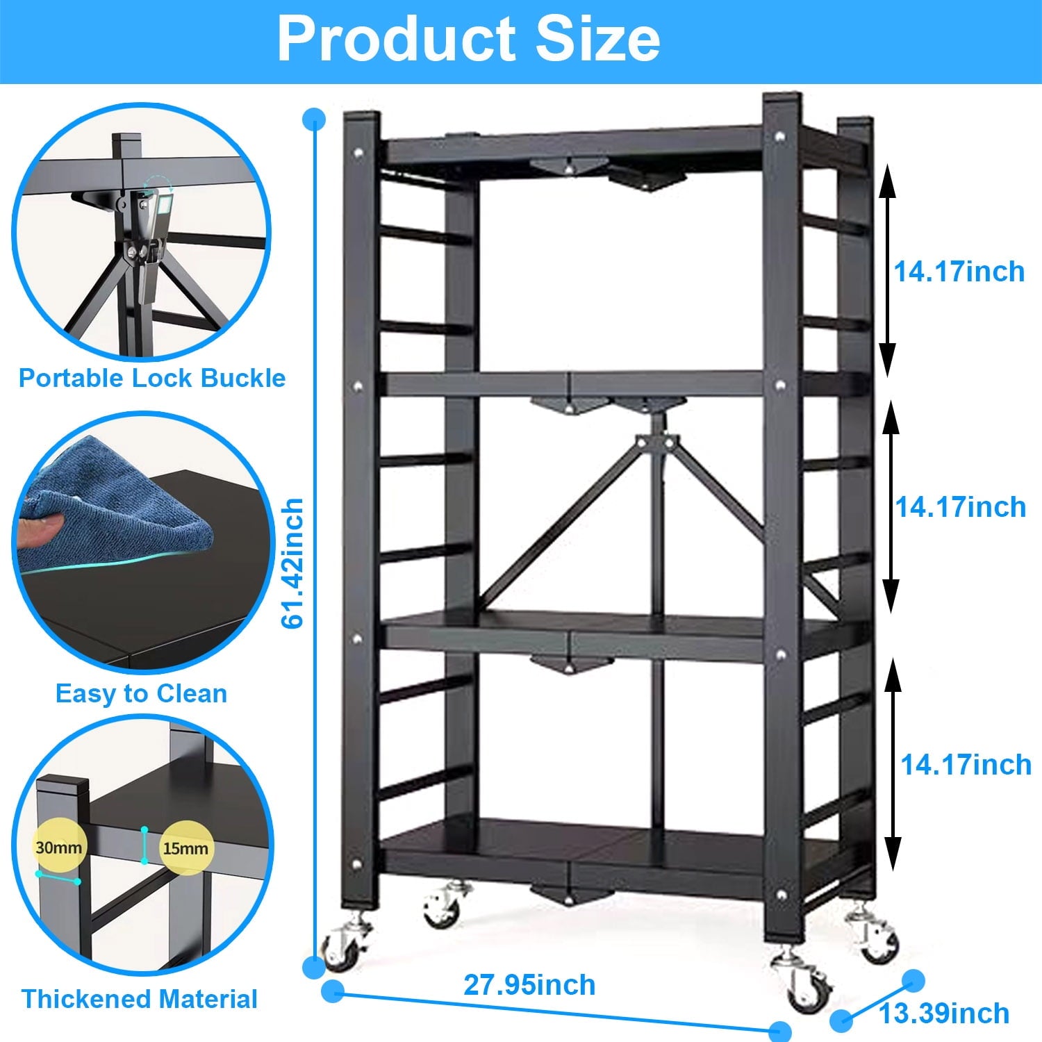 4-Tier Storage Shelving Unit, Foldable Storage Shelves Wire Shelving Unit Adjsutable Shelf Heavy Metal Shelf, 250lbs Capacity Free Standing Racks Organization