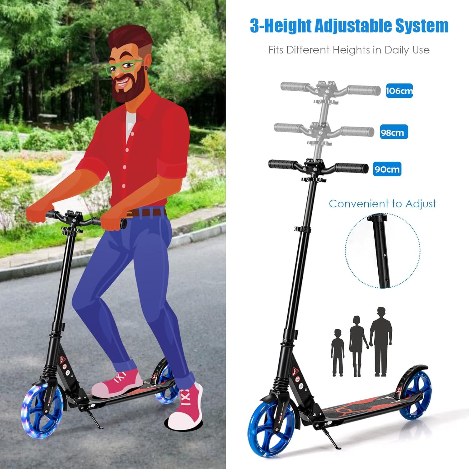 Folding Scooter, 8" Big Wheels - 4 Levels Height Adjustable for Kid, Teens & Adults