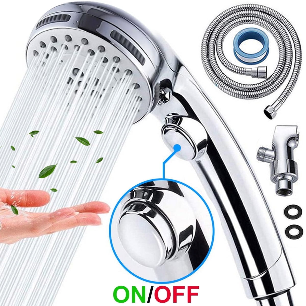 High Pressure Handheld Shower Head with Water Stop Button, Shower Head with Ultra-long Stainless Steel Hose, 5 Spray Settings