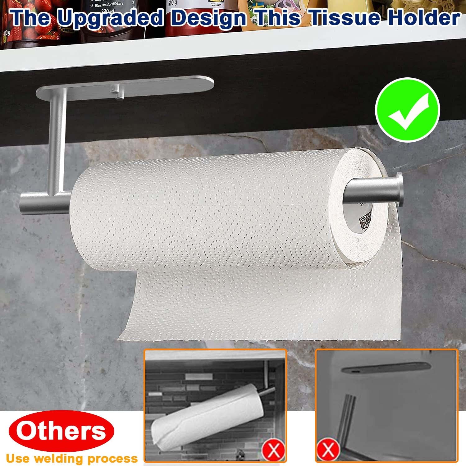 Paper Towel Holder with 2 Pack Adhesive Hooks, Stainless Steel Paper Towel Holder Wall Mount,Under Cabinet Paper Towel Holder-Silver