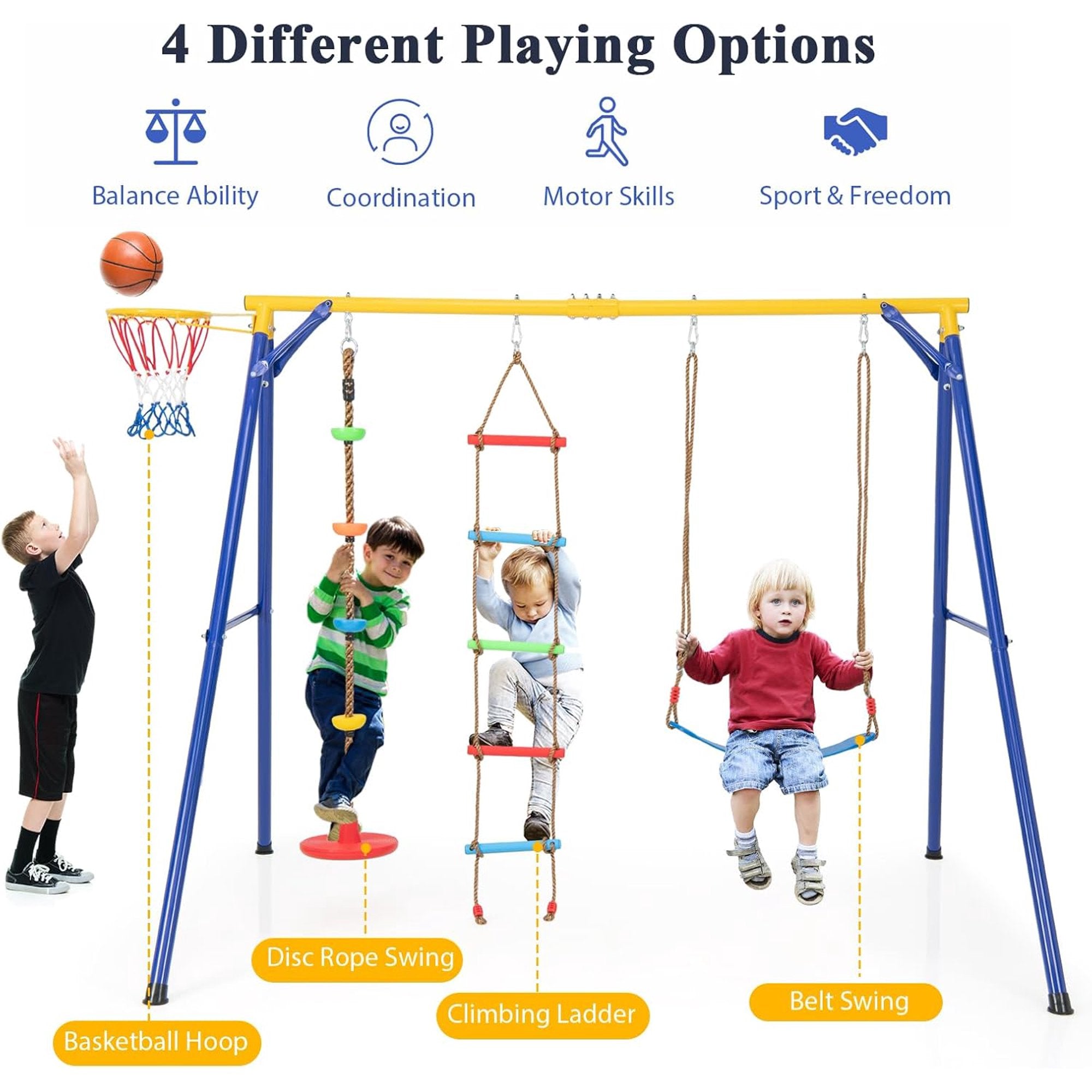 Swing Set, Metal Frame Swing Playset with Basketball Hoop, Disc Rope Swing, Climbing Ladder, Belt Swing, Children Swing Playground for Indoors Outdoors