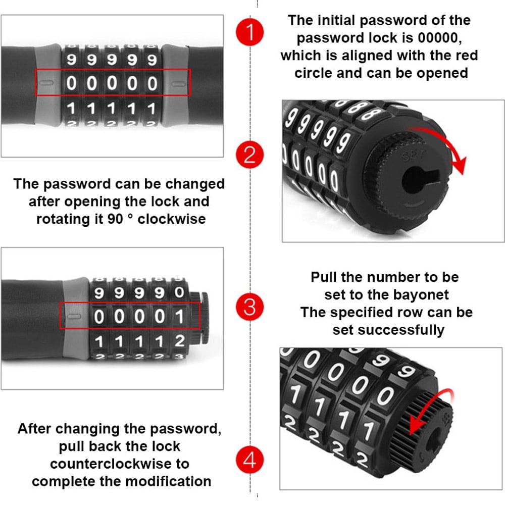 Bike Chain Lock, 5-Digit Combination Lock, Resettable Bicycle Locks Chain, Anti-Theft Lock for Bicycle