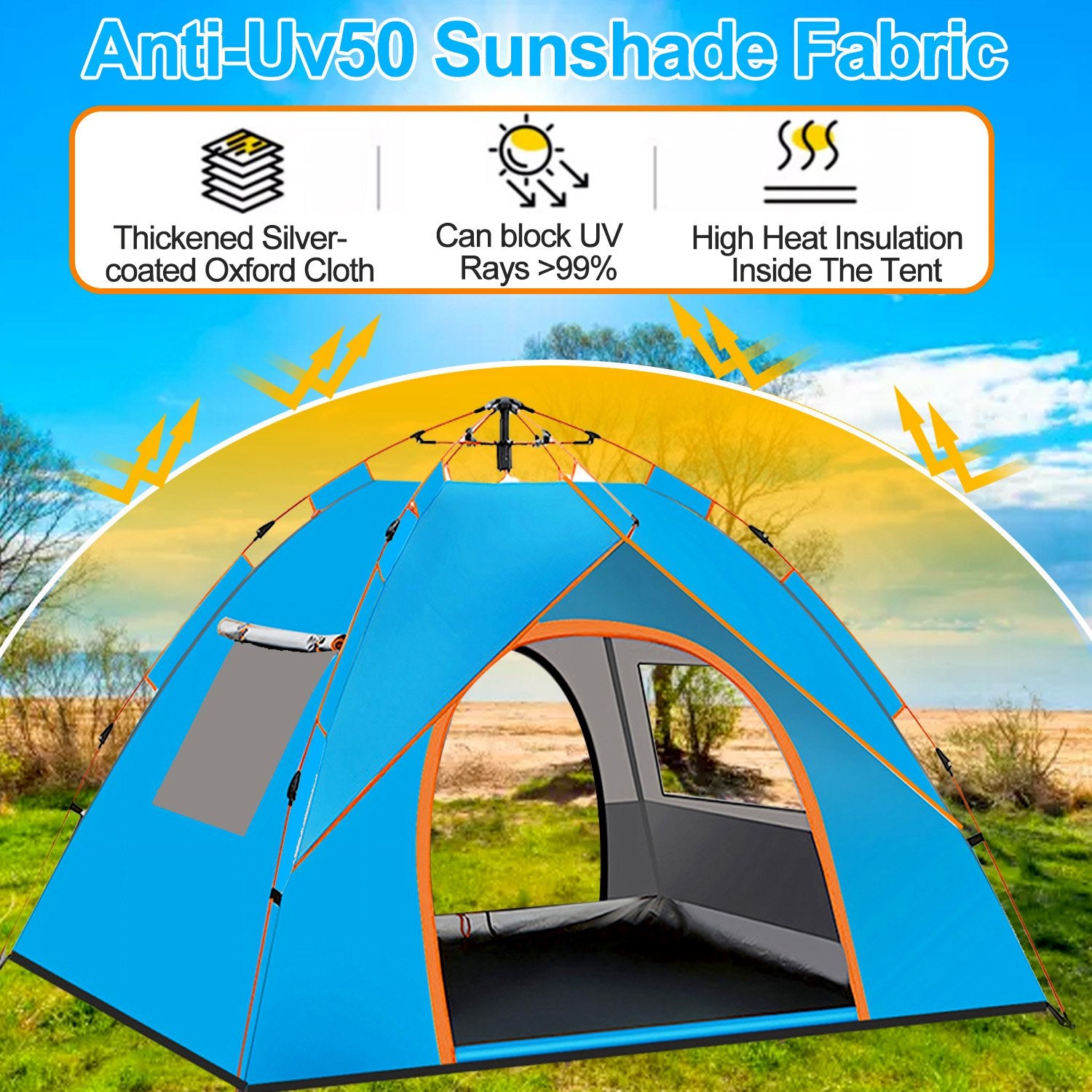 3/4-Person Pop Up Camping Tent with 2 Doors & 2 Windows for Camping/Traveling/Family Gathering/Hiking/Beach