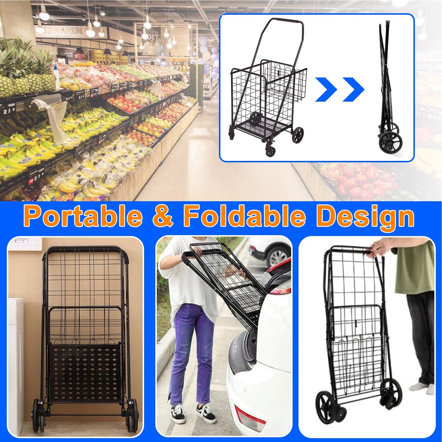 Folding Shopping Cart, Utility Trolley Jumbo Basket with Encrypted Mesh Bottom and Swivel Wheels, Black