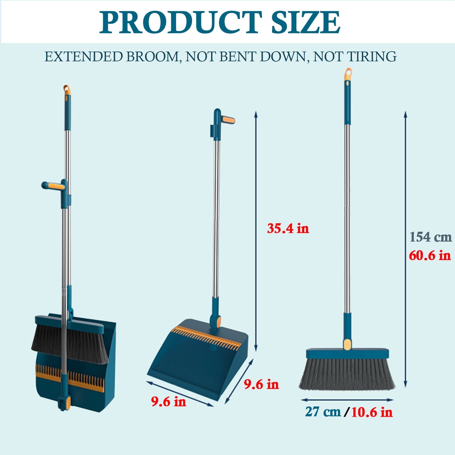 Broom and Dustpan Set for Home,48" Long Stainless Steel Handle Brooms with Upright Dustpan Combo Set for Home/Office/Kitchen Lobby Floor Cleaning