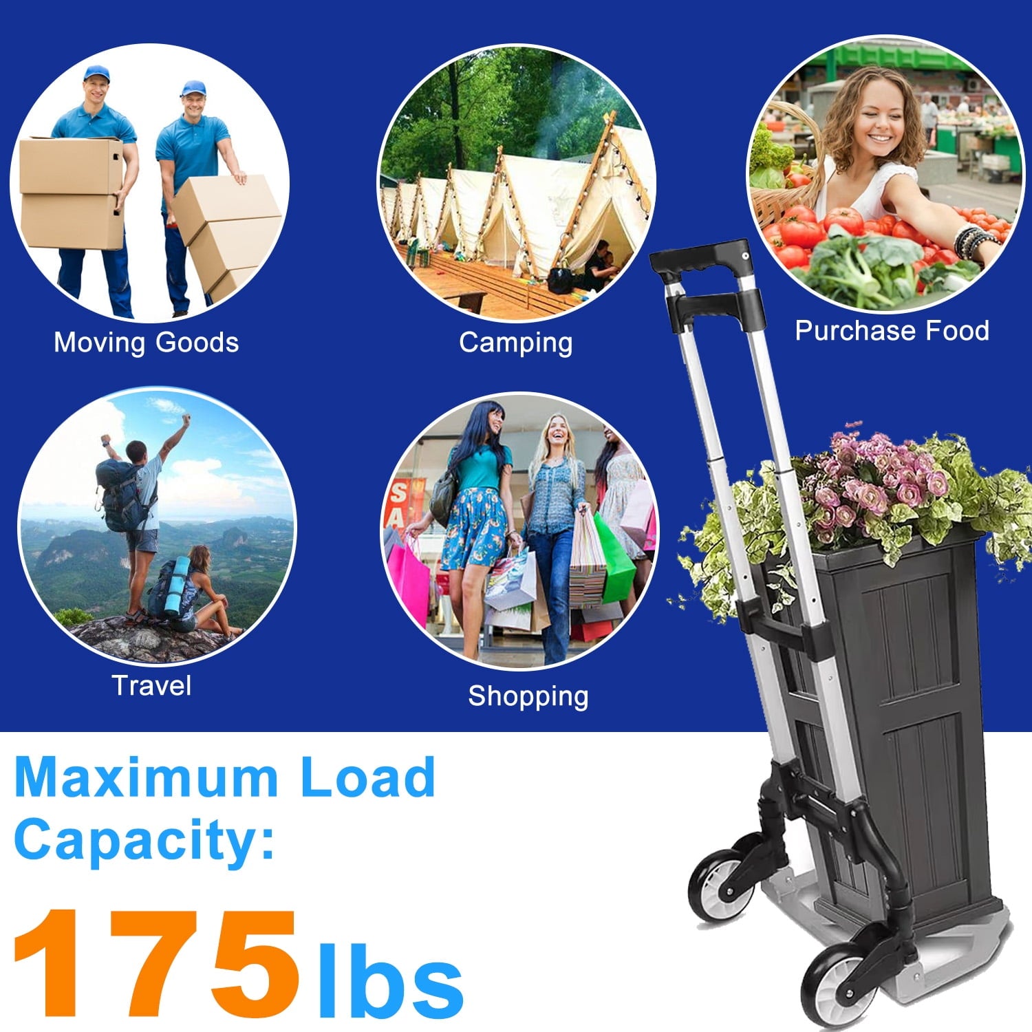 Folding Hand Truck Dolly Cart, Portable Aluminum Dolly Cart with Telescoping Handle and Wheels Pefect for Shopping, Travel, Camping, Office Use