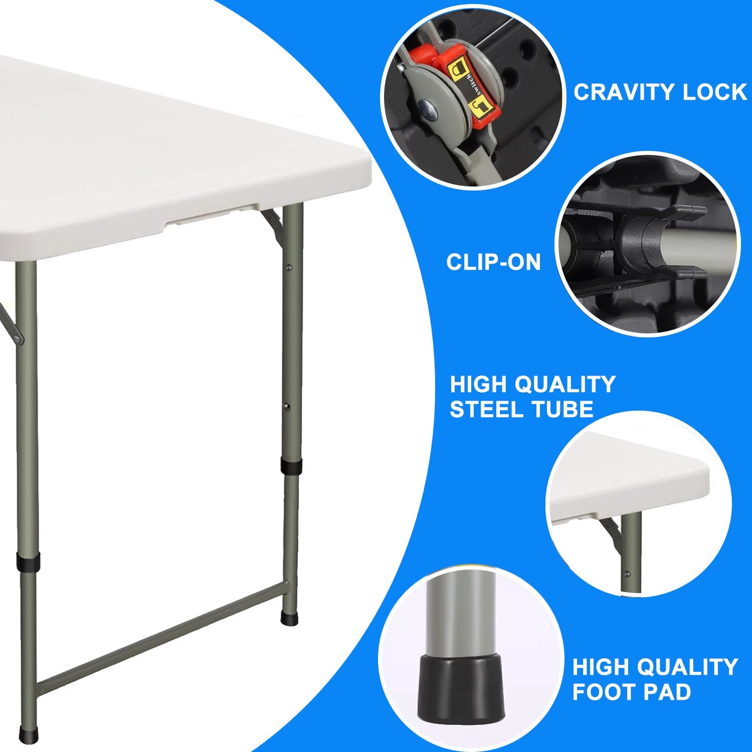 4 Foot Fold-in-Half Adjustable Folding Table, White