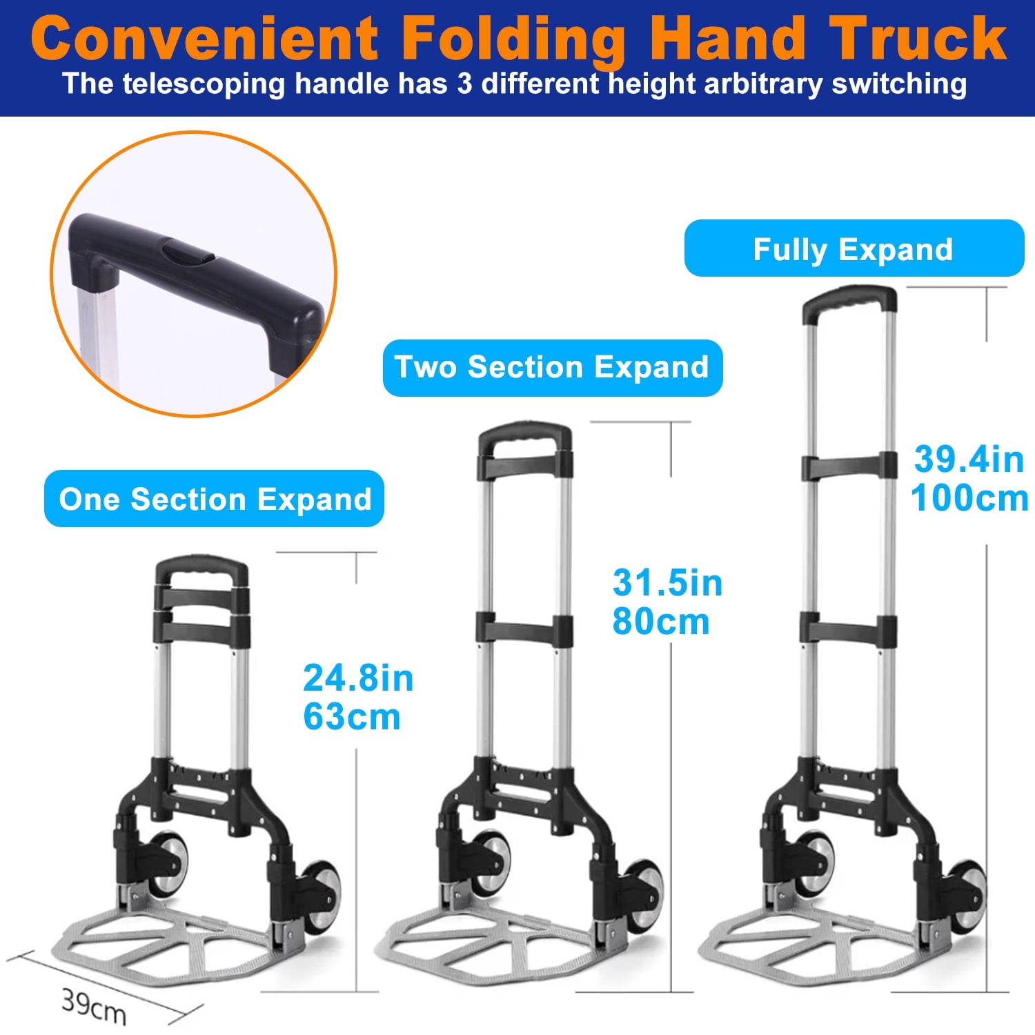 Folding Hand Truck Dolly Cart, Portable Aluminum Dolly Cart with Telescoping Handle and Wheels Pefect for Shopping, Travel, Camping, Office Use