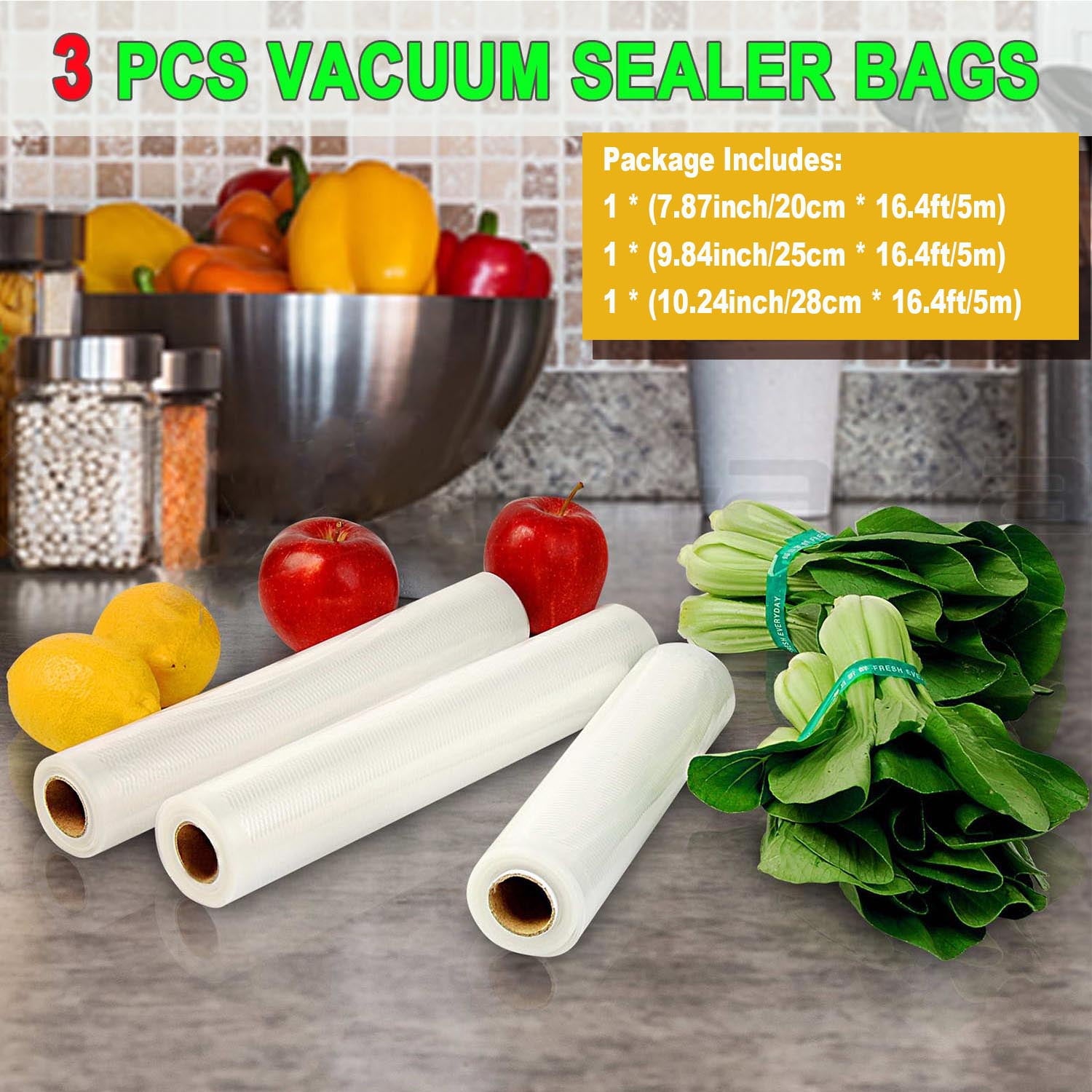 Food Vacuum Sealer Bags,3 Rolls(8"/10"/10.3"X16.5') Vacuum Storage Bags for Food Storage Saver, Heavy Duty Food Rolls for Sealer, BPA Free, Vaccuum Seal bags Meal Prep or Sous Vide