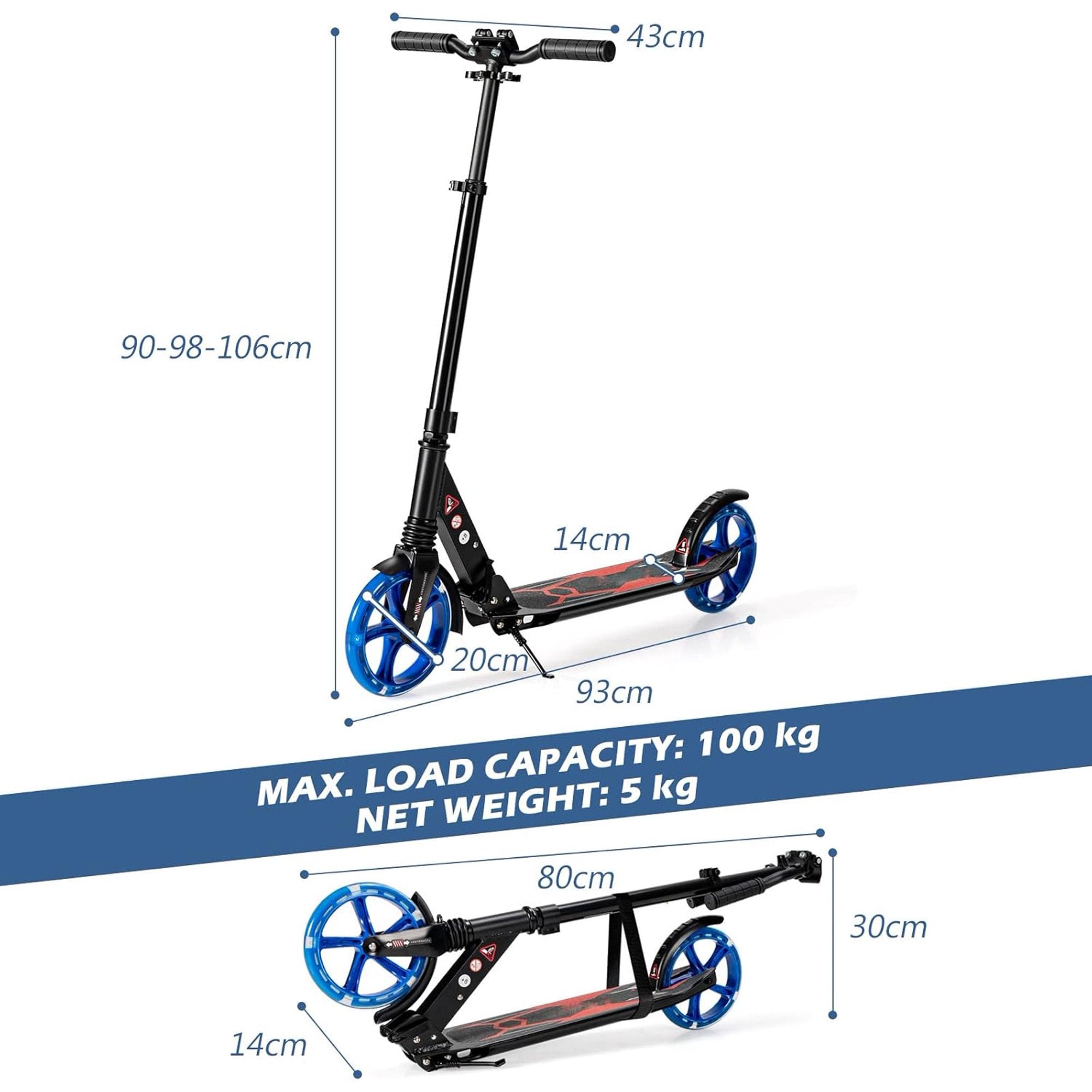 Folding Scooter, 8" Big Wheels - 4 Levels Height Adjustable for Kid, Teens & Adults