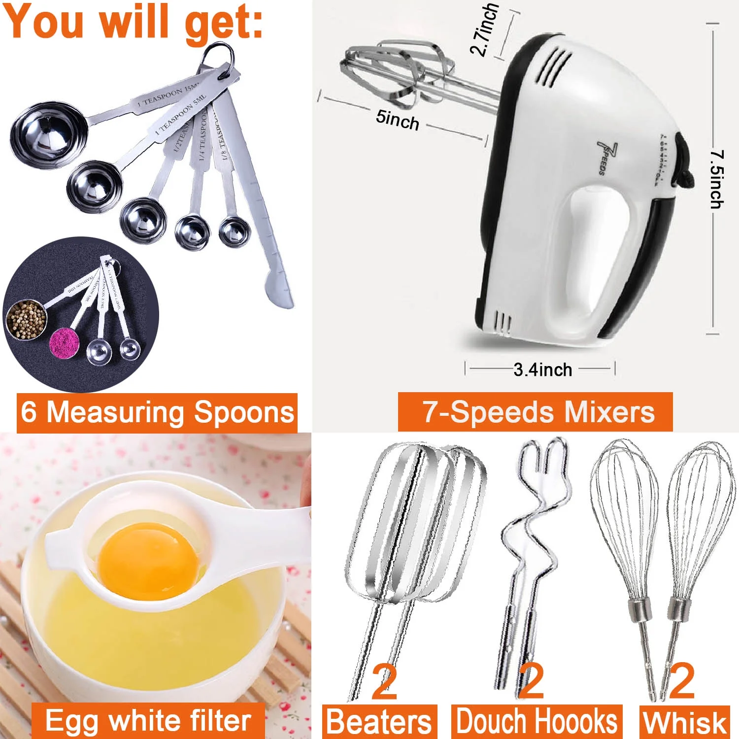 Hand Mixer for Kitchen, Blender Quick Burst with 6 Stainless Steel Accessories