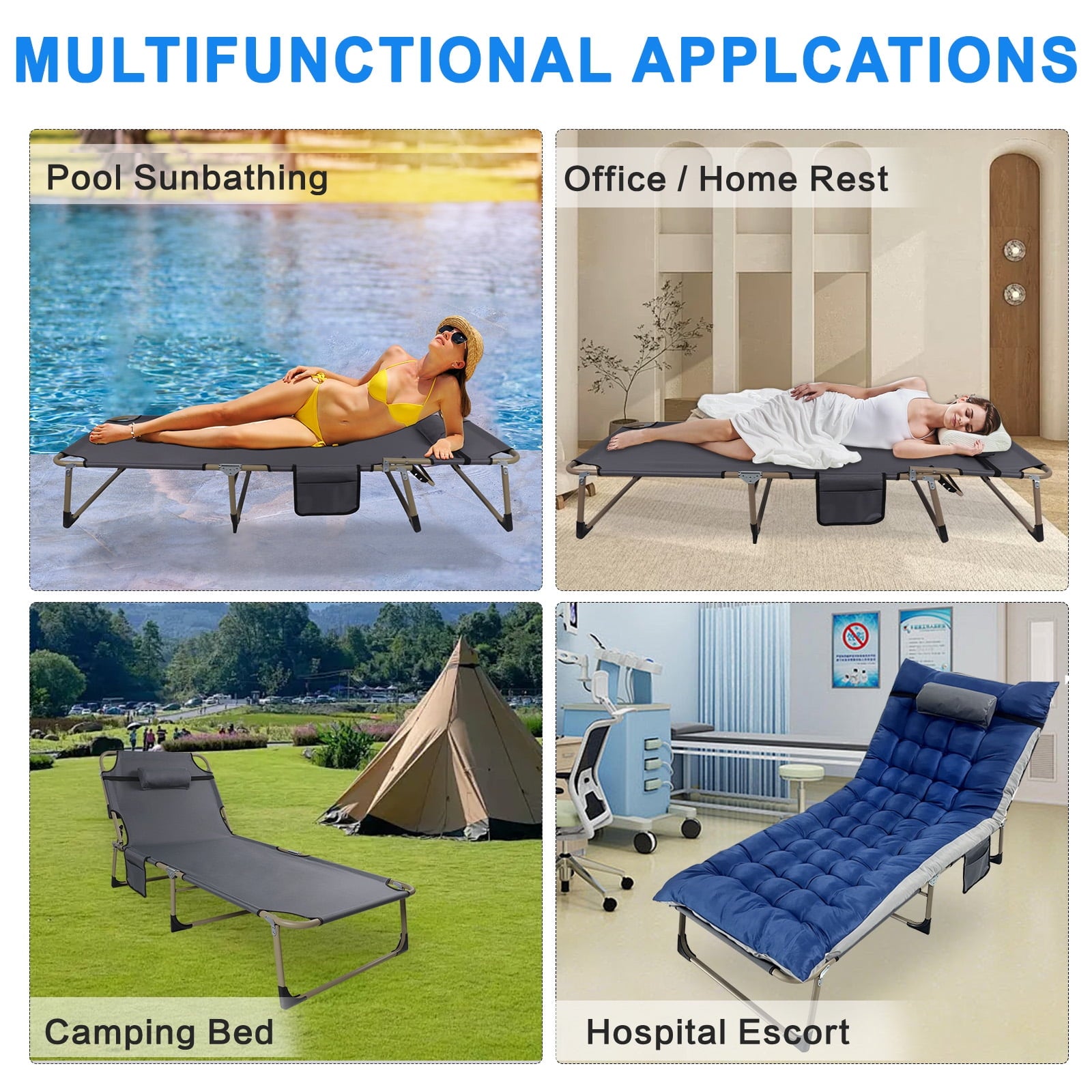 Folding Camping Cot Bed with Pillow, Adjustable 5-Position Folding Chaise Lounge Chair, Portable Guest Bed & Outdoor Folding Sleeping Cots Bed for Home, Office, Camping, Indoor, Outdoor