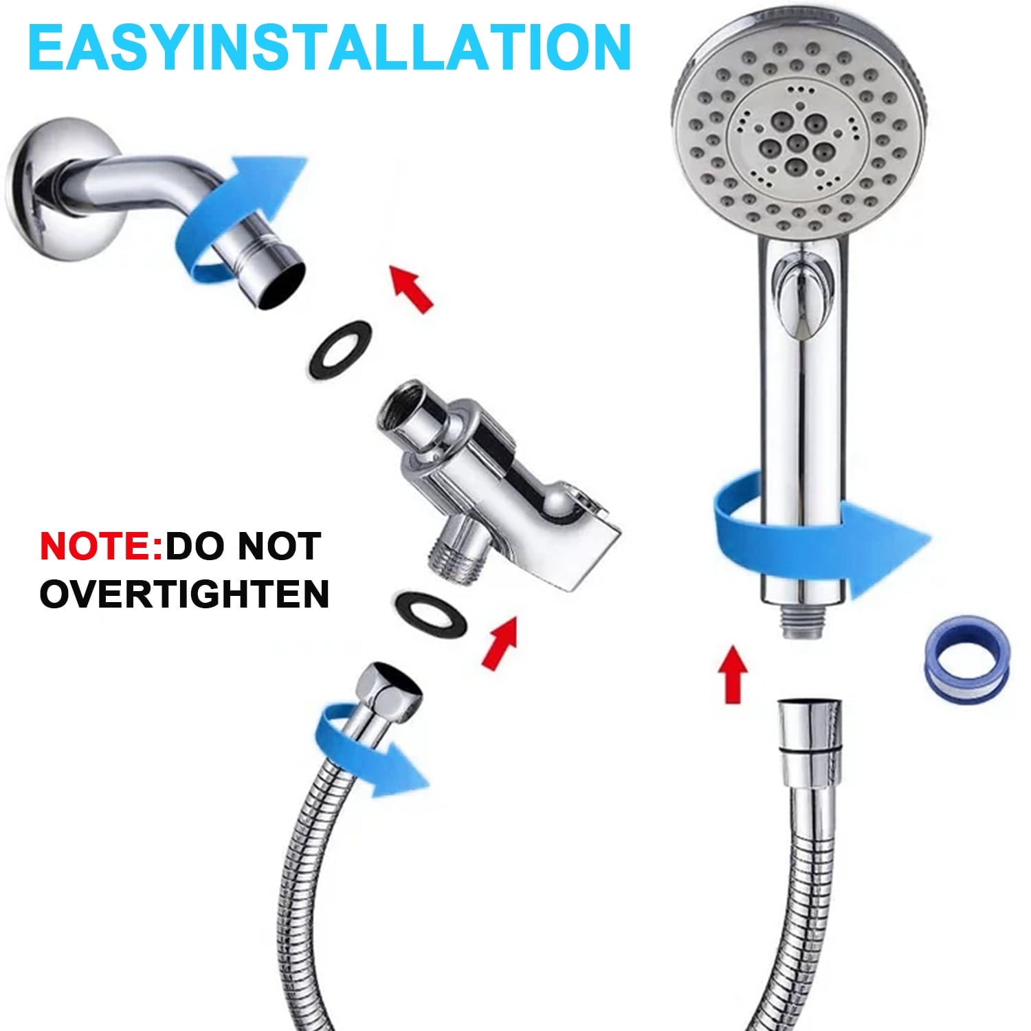 High Pressure Handheld Shower Head with Water Stop Button, Shower Head with Ultra-long Stainless Steel Hose, 5 Spray Settings