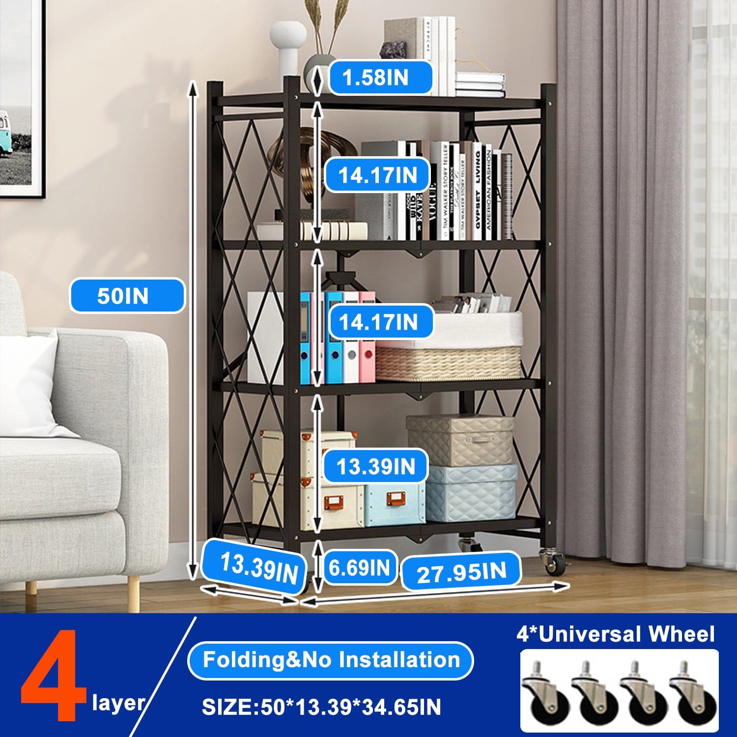 4-Tier Storage Shelving Unit, Foldable Storage Shelves Wire Shelving Unit Adjsutable Shelf Heavy Metal Shelf, 250lbs Capacity Free Standing Racks Organization