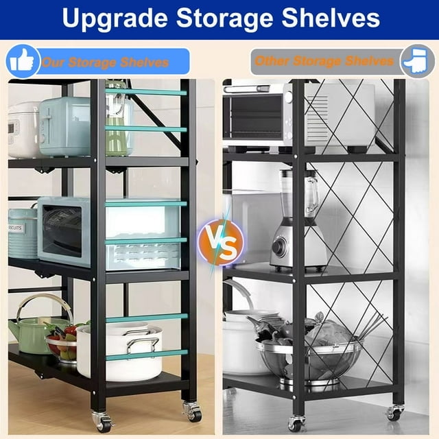 4 Tier Storage Shelves with Wheels,Collapsible Kitchen Rolling Cart, Metal Garage Shelving, Foldable Shelf ,Storage Rack , Foldable Shelf Unit