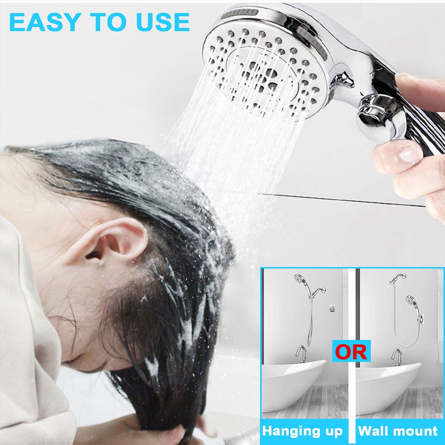 High Pressure Handheld Shower Head with Water Stop Button, Shower Head with Ultra-long Stainless Steel Hose, 5 Spray Settings