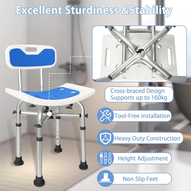 Height Adjustable Shower Chair with Back, Anti-Slip Bath Bench with Handles, Heavy Duty Shower Stool Seat with Unique Crossbar Supports for Elderly and Disabled