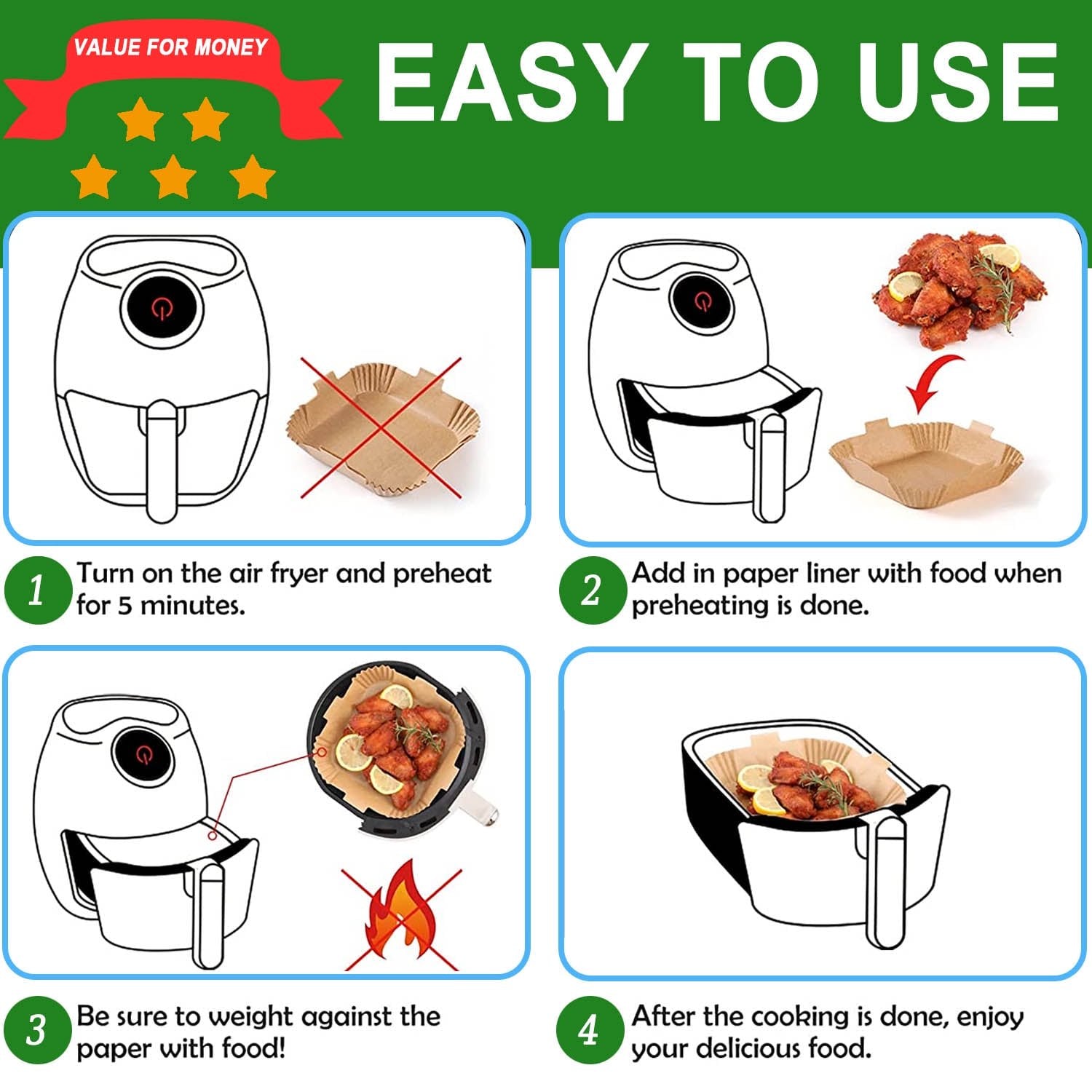 Air Fryer Disposable Paper Liner, Square Non-Stick Insert Parchment Paper Liners Air Fryer Oil-proof