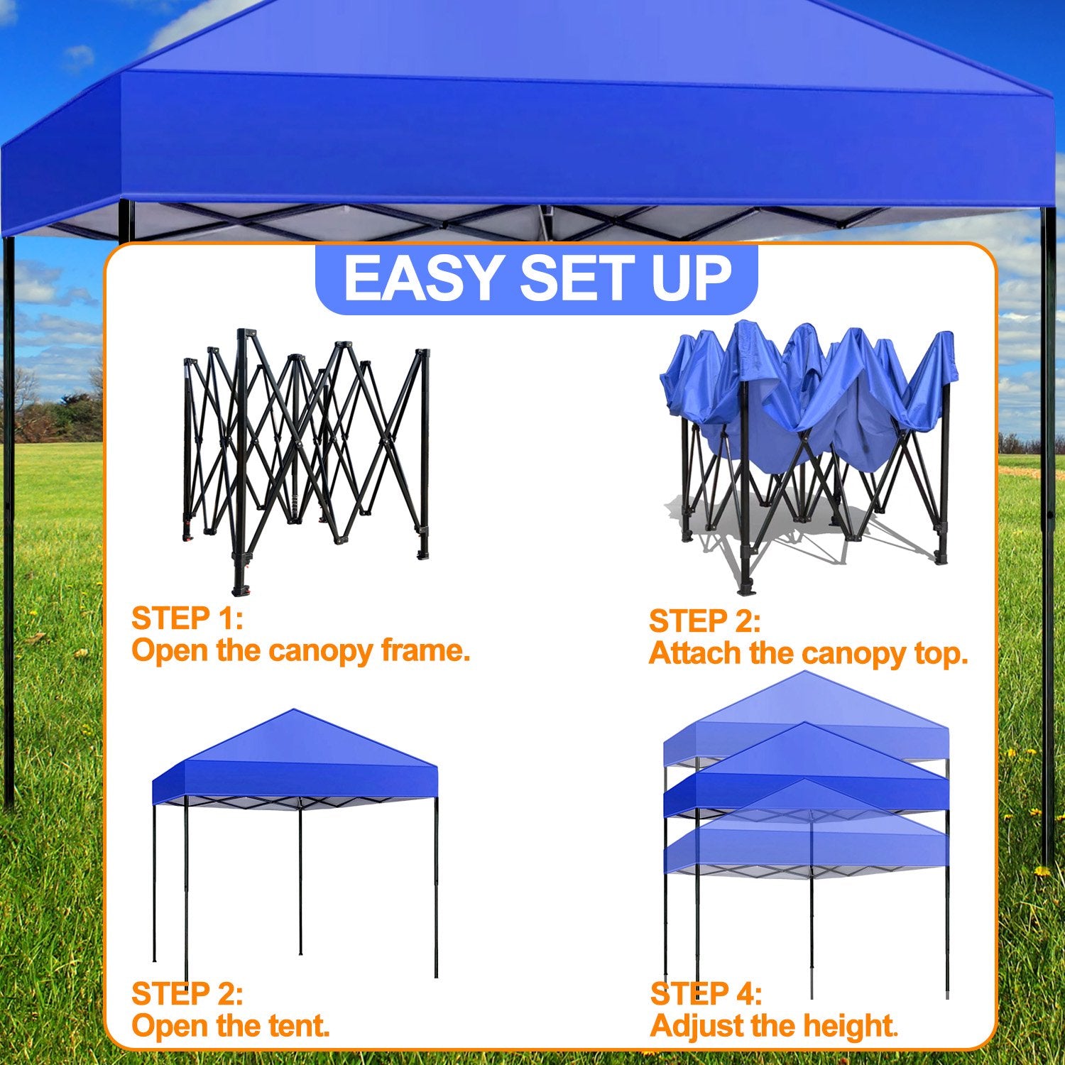 Canopy Tent, 10x10 ft Easy Pop up Outdoor Tent, Portable Straight Leg Gazebo Instant Canopy, Blue